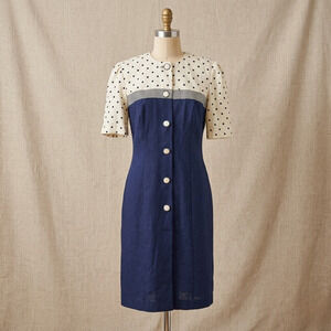 Vintage 1990s Damon Petite Navy and White Polka Dot Dress | Women's 10